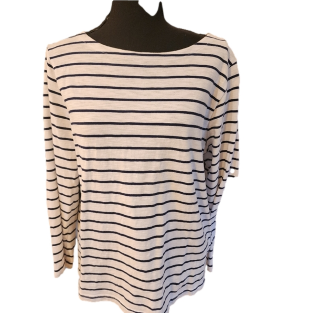 J. CREW White And Black Striped Boat Bateau Neck Top EUC Preppy Nautical Classic